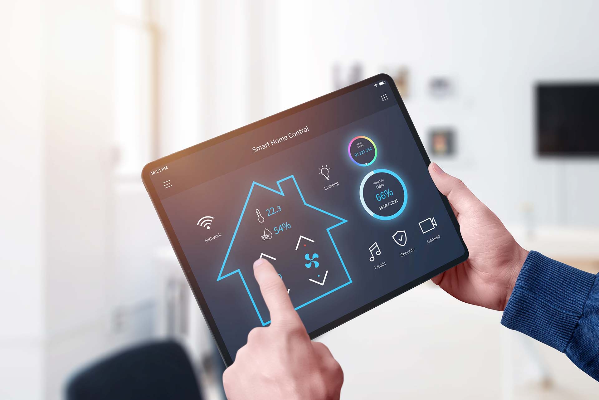 All in one smart home control system app concept on tablet display in man hands